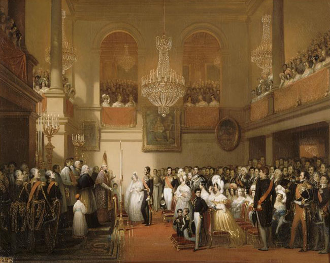 Mariage de Léopold Ier de Belgique et de Louise Marie Thérèse Charlotte Isabelle d'Orléans - le 9 aout 1832 dans la chapelle du chateau de Compiègne - par Joseph Désiré Court